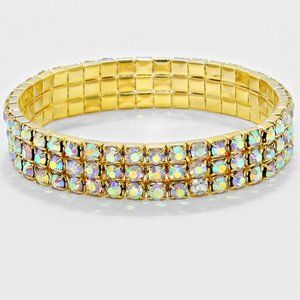 AB Gold Three 3-Row Rhinestone Stretch Bracelet